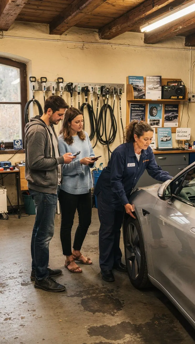 Elektroauto wird an einer Ladestation in einer Werkstatt zur Ladeeffizienzprüfung angeschlossen