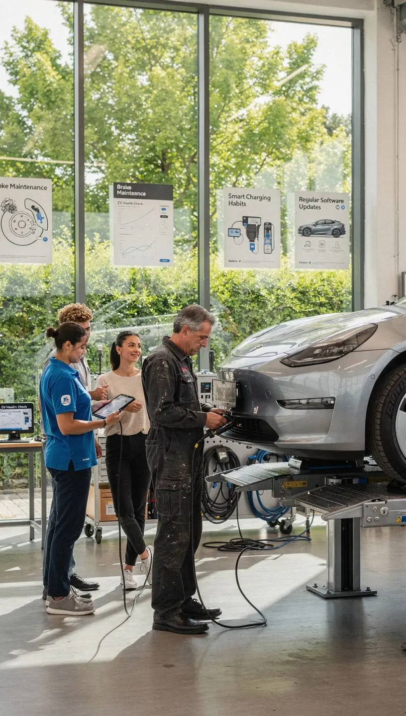 Mechaniker zeigt die Funktionsweise der Bremsanlage eines Elektrofahrzeugs in einer Schulung