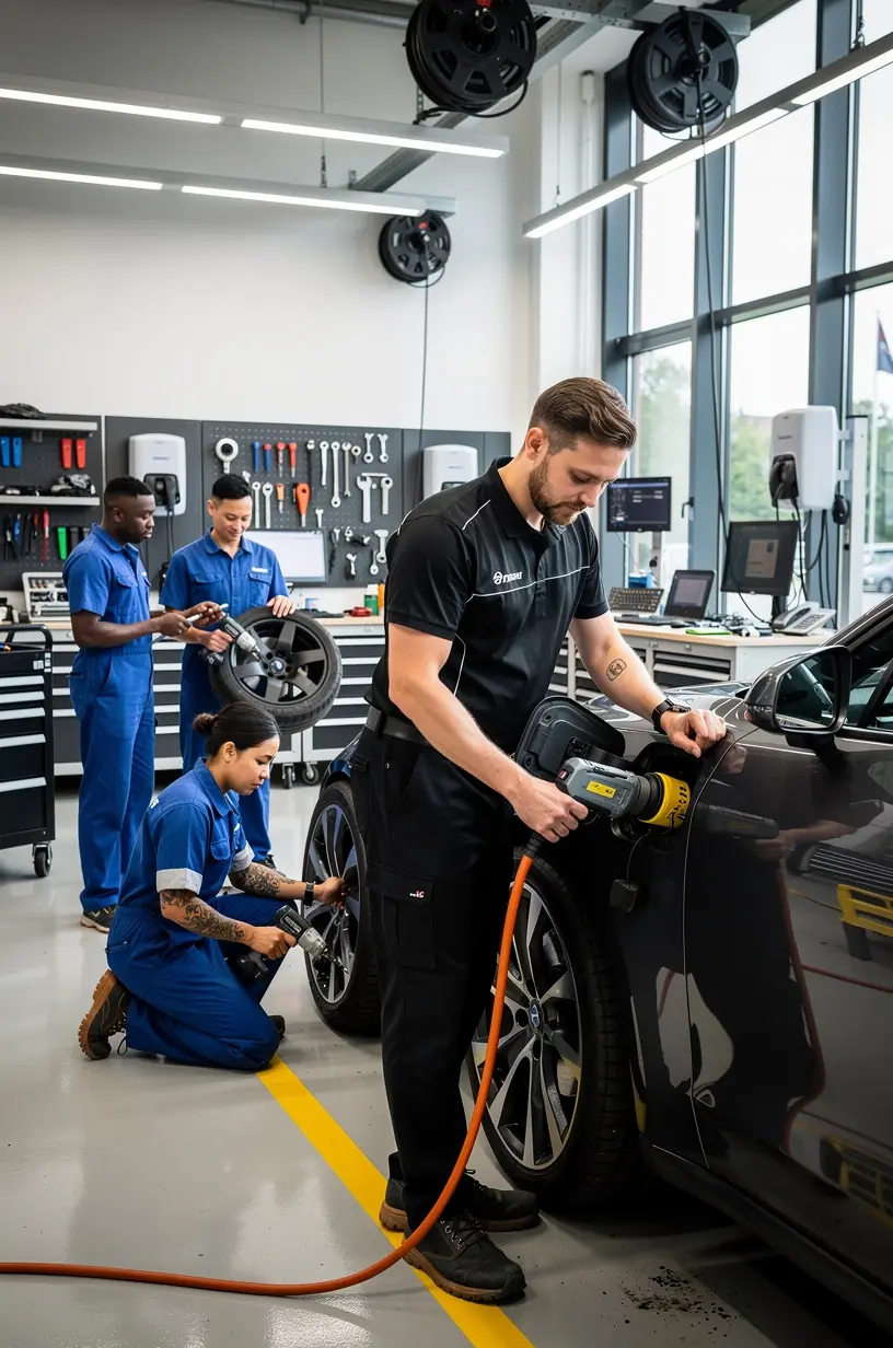 Beratungsgespräch zwischen Kunde und Fachmann über Ladegewohnheiten und Wartung von Elektroautos in Deutschland